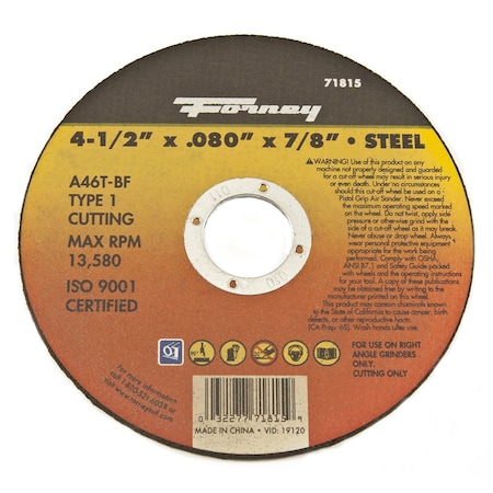 Forney Cut-Off Wheel, Metal, Type 1, 4-1/2 in x .080 in x 7/8 in 71815